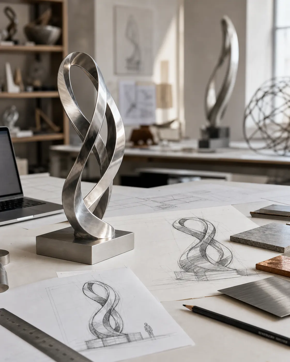 Design development evidence for custom sculpture scale, form, and material decisions