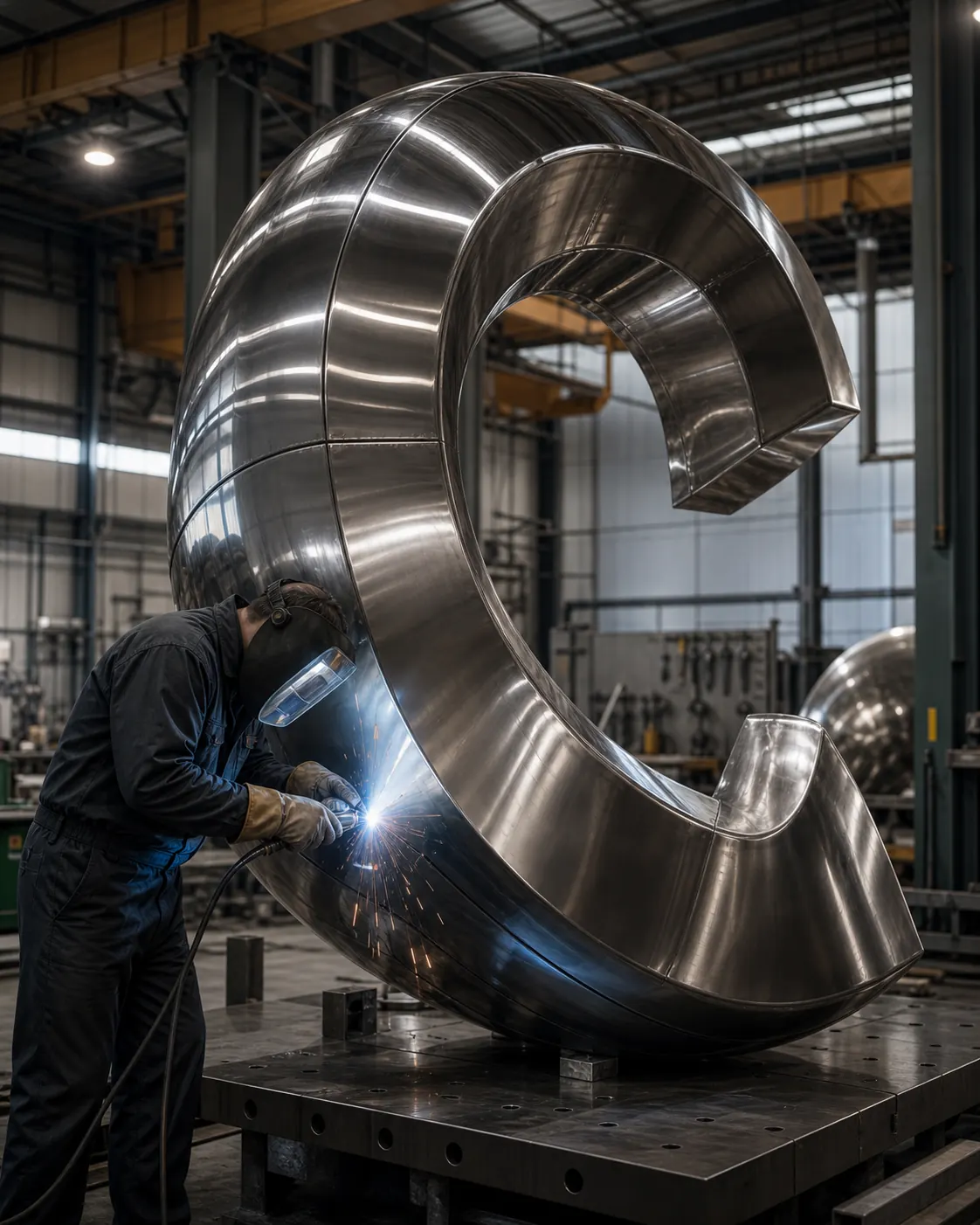 Sculpture fabrication workshop evidence with material handling and production review