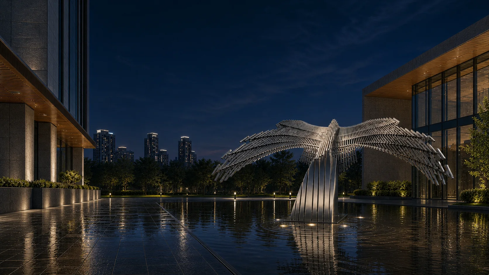 Concept-stage night plaza study showing a brushed stainless steel flying-bird sculpture integrated with a reflecting pool