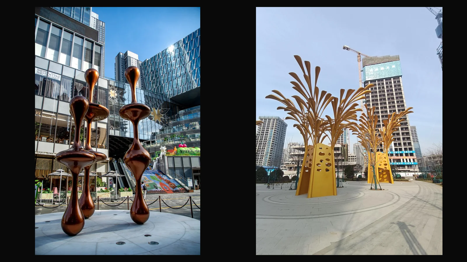 Two commercial landscape sculpture references showing facade paving and arrival context