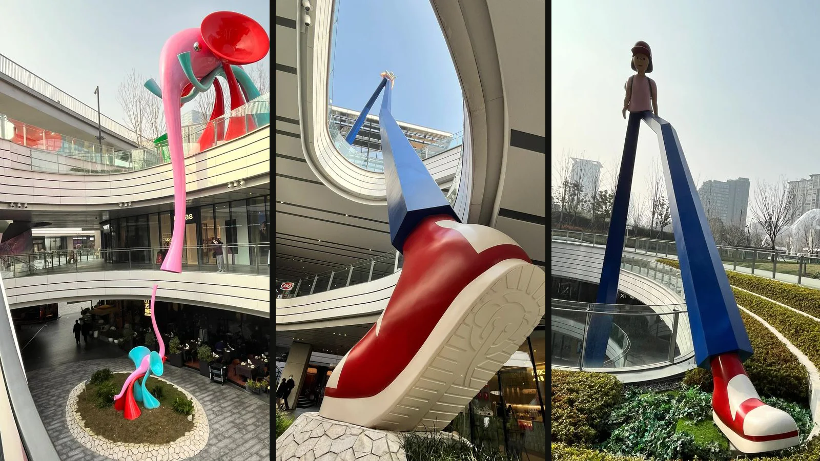 Three supplied commercial atrium sculpture references showing artwork across several viewing levels