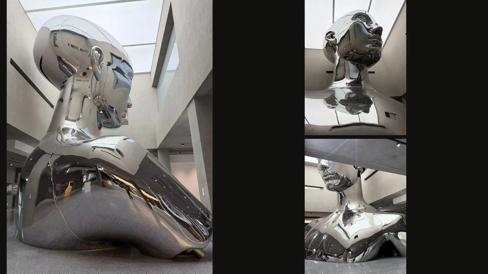 Three supplied views of a large mirror stainless steel figurative sculpture inside a tall commercial atrium