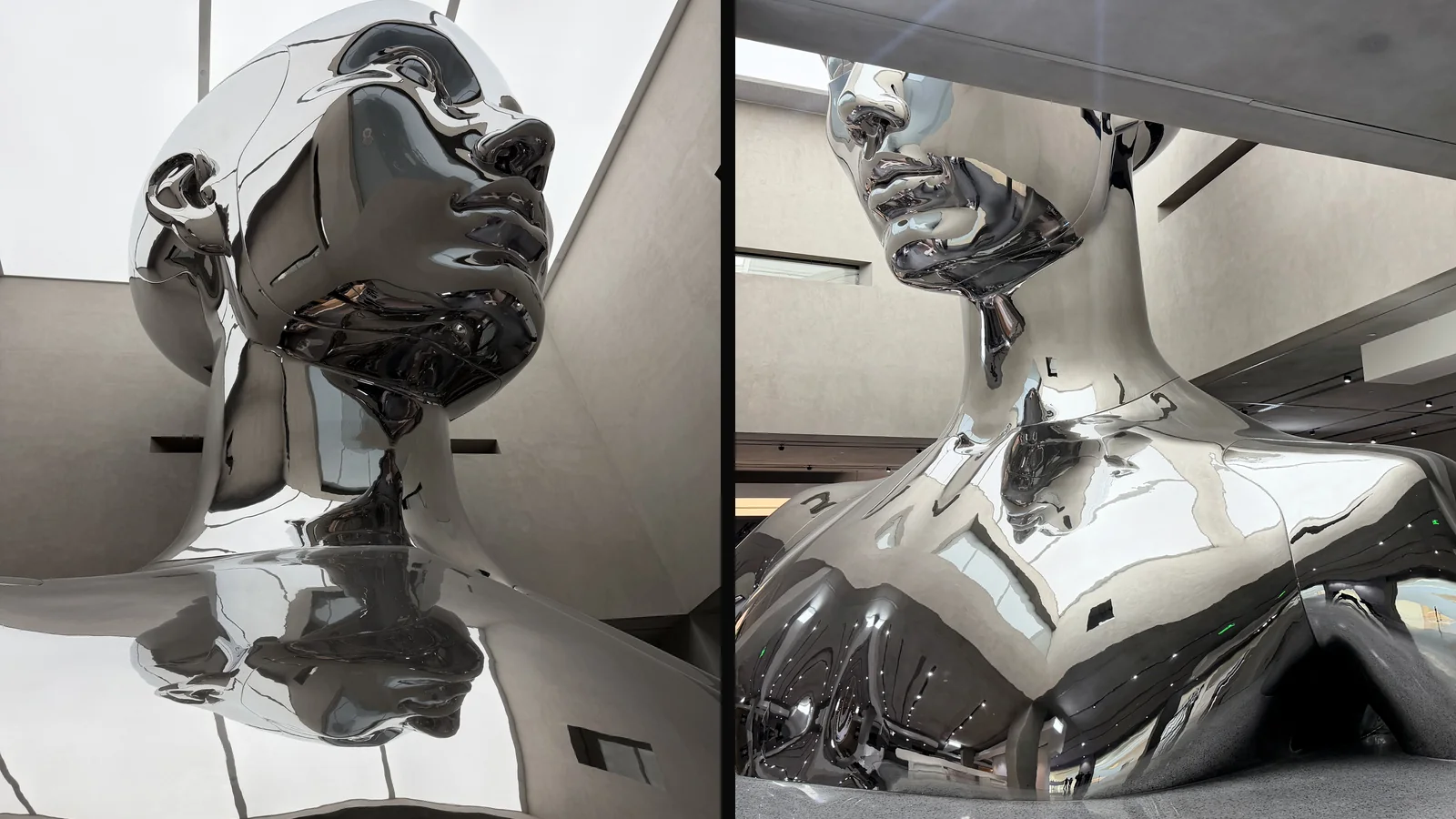 Two close views of a large mirror-polished stainless steel sculpture in a tall commercial interior
