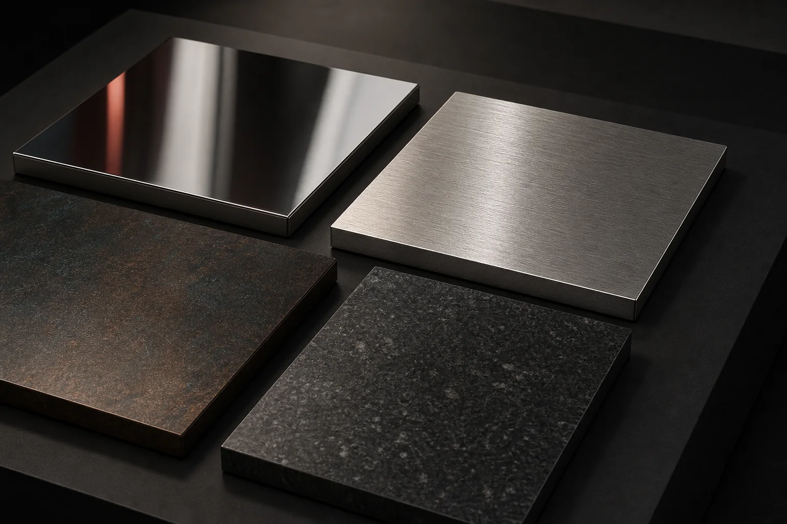 Dark material samples for bronze, stainless steel, black stone, and textured sculpture finishes