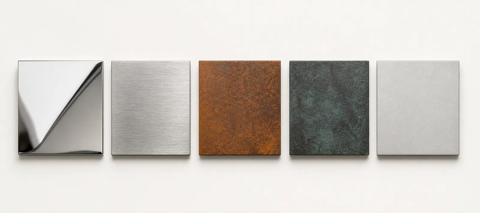 Sculpture material swatch strip with bronze, stone, stainless and textured surface samples