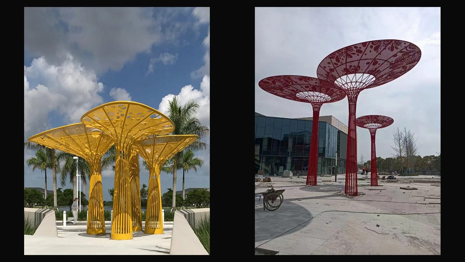 Two landscape canopy sculpture references showing planting building and construction context