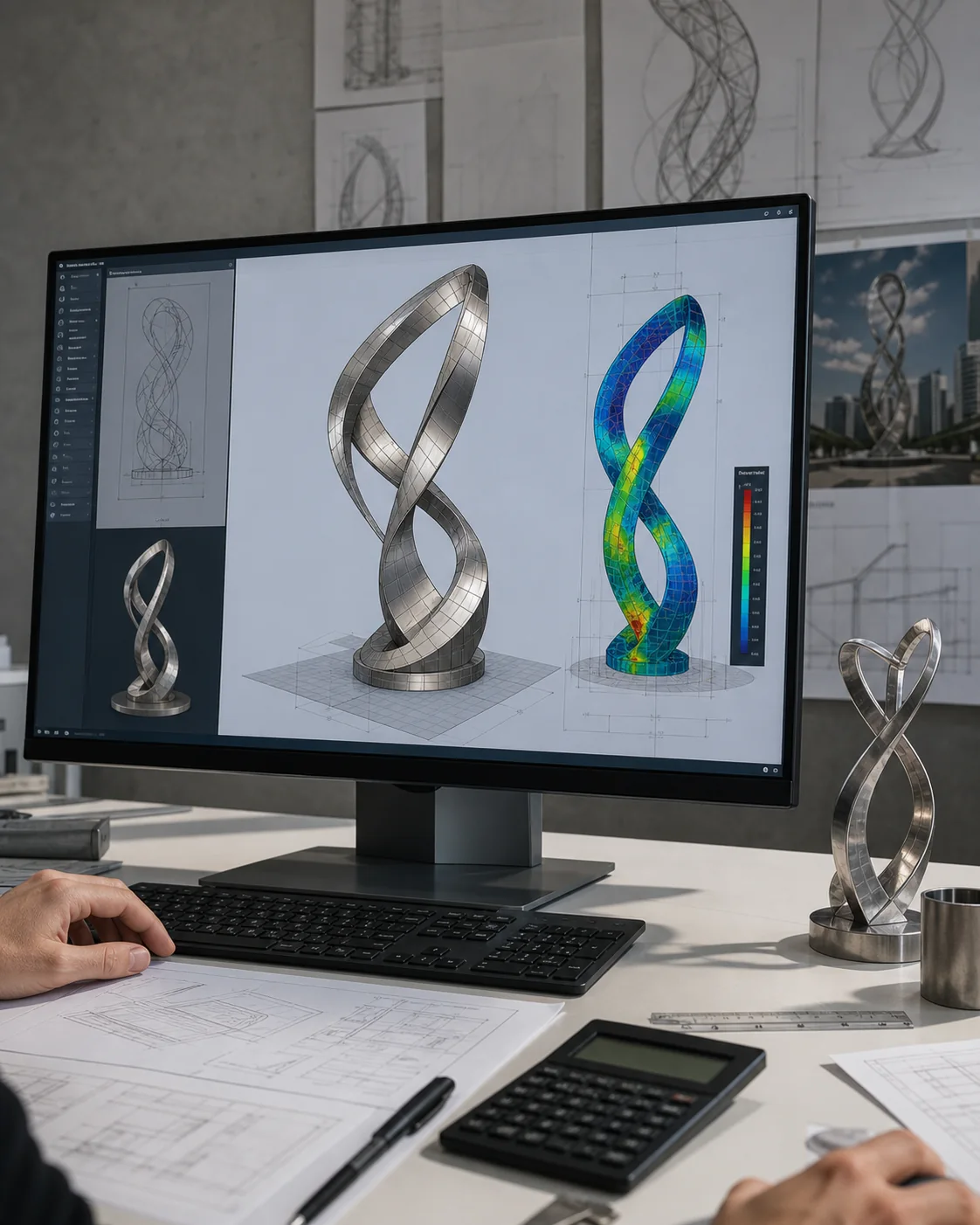 Engineering screen for sculpture structure, segmentation, base and installation review