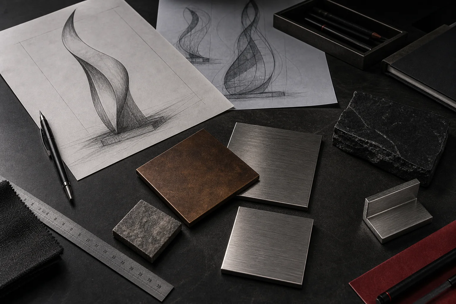 Sculpture material desk with project drawings, stone, bronze and finish samples for early site brief review